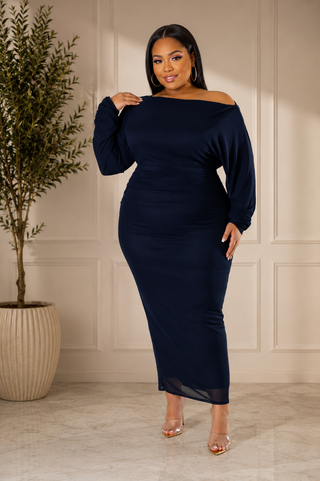 Navy Blue Long Sleeve Stretch Maxi Dress
