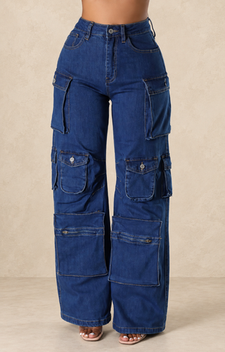 Close-up of Boss Move high-waisted cargo wide-leg denim jeans in blue wash showing front button, belt loops and flap cargo pockets on both legs