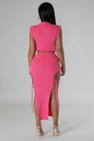 Pink Cut-Out Lace-Up Crop Top & Midi Skirt Two-Piece Set