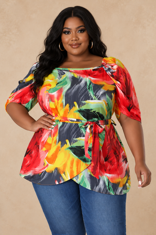 Plus Size Sunset Bloom Multicolor Floral Off-Shoulder Top