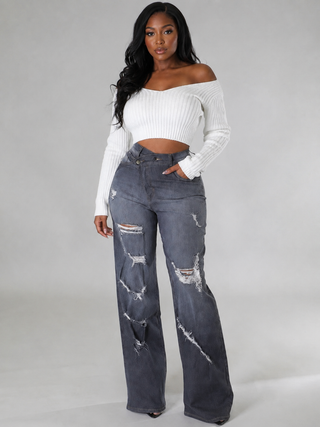 Grey Distressed Wide Leg Stretch Jeans for Women