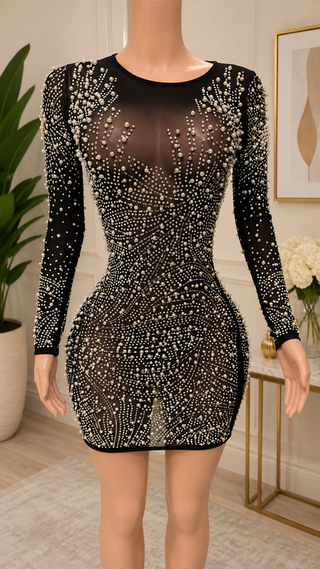 Black Pearl & Crystal Embellished Mesh Mini Dress