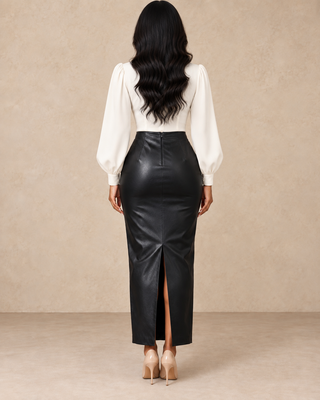 Black Faux Leather Midi Pencil Skirt
