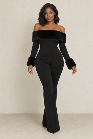 Black Off-Shoulder Fur Trim Wide-Leg Jumpsuit from Tulley's Boutique
