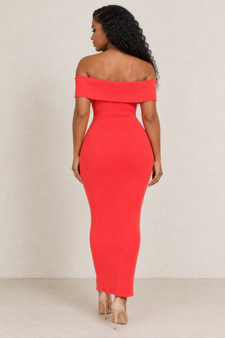 Tomato Flame Off-Shoulder Ribbed Midi