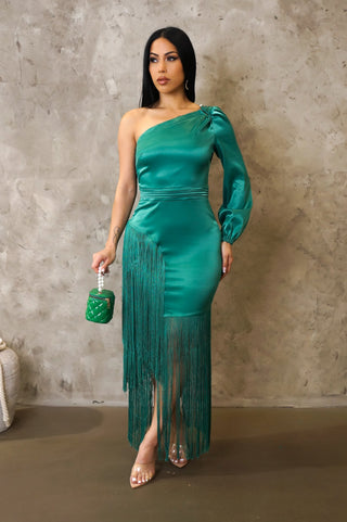 Bella One-Sleeve Fringe Dress
