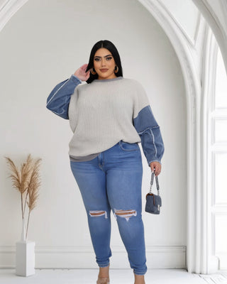 DENIM FUSION KNIT SWEATER | Plus Size Perfection