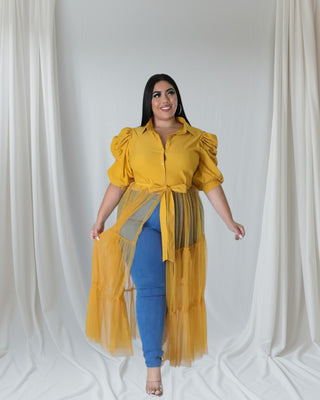 Bougie Tulle Cascade Button-Up Top