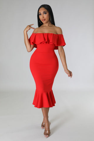 Chic Off-Shoulder Bodycon Red Dress with Ruffles
