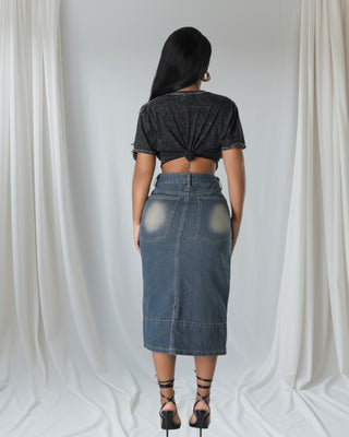 Vintage Wash Denim Midi Skirt