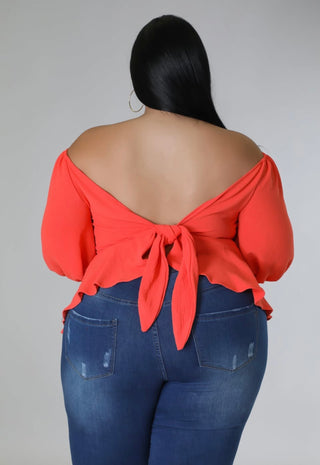 Coral Crush Off-Shoulder Tie-Back Blouse