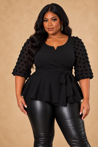 Women's Plus Size Black Velvet Sleeve V-Neck Self-Tie Top