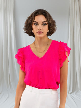 Hot Pink Ruffled Sleeves V-Neck Top