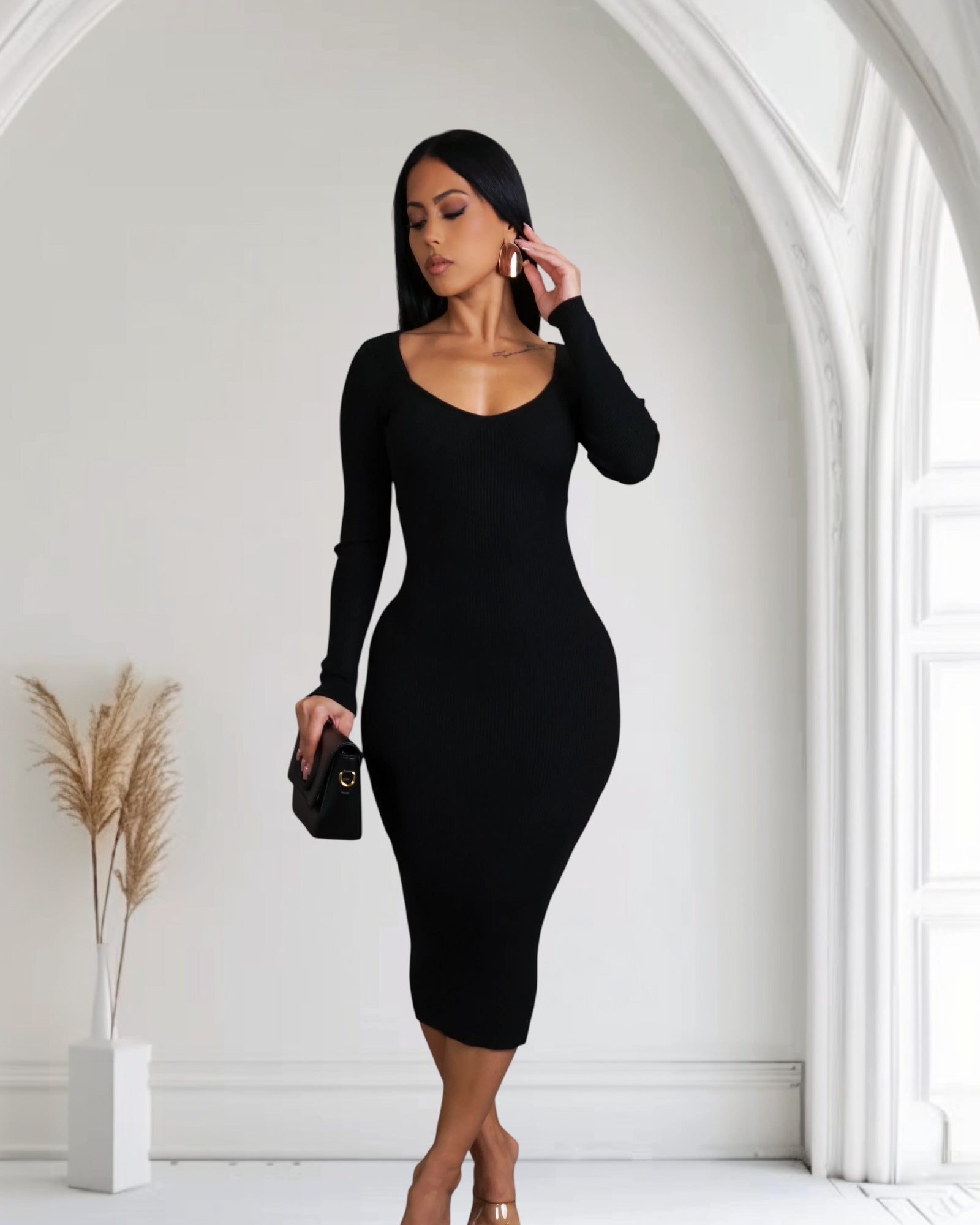 Always On Time Black Sweater Midi Dress | V-Neck Long Sleeve Knit | Tulley's Boutique Tulleys Boutique Always On Time Black Sweater Midi Dress | V-Neck Long Sleeve Knit | Tulley's Boutique Tulleys Boutique