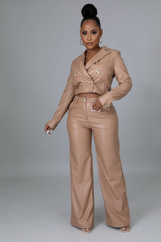 Champagne faux leather cropped blazer and wide-leg pant set 