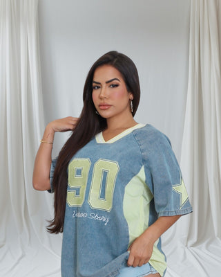 Vintage Varsity "90" Jersey | Petite-Fit Denim Top