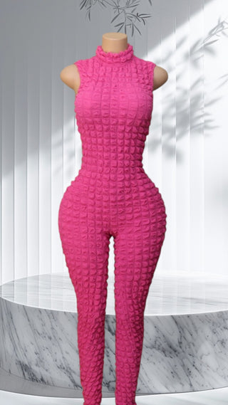 Bubble Texture Sleeveless Mock Neck Jumpsuit – Hot Pink