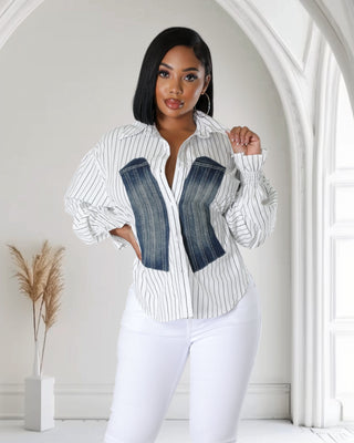 Denim Accent White Pinstripe Blouse
