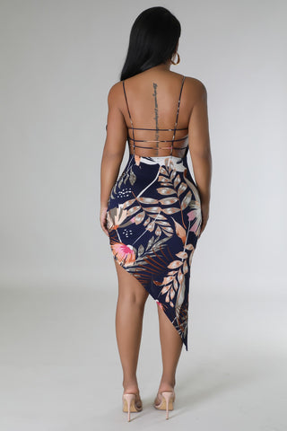 Navy Floral Ruched Asymmetric Mini Dress, alternate view 4