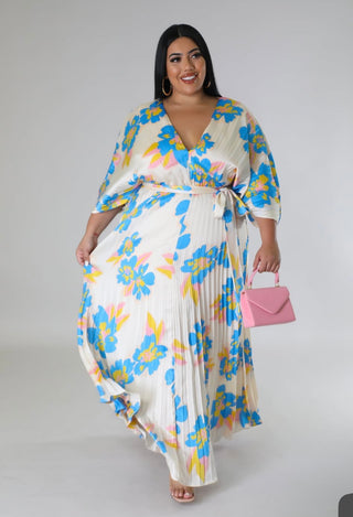 Azure Bloom Pleated Maxi Dress