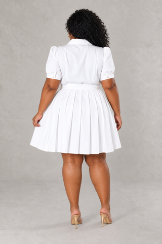 The Polished White Pleated Belted Mini Dress
