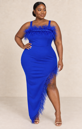 Royal Blue Feather Trim Maxi Dress with Slit (Plus Size) – alternate view 2