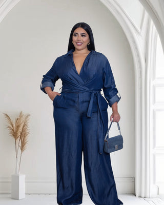 Crossover Front Tie-Waist Denim Wide leg Jumpsuit