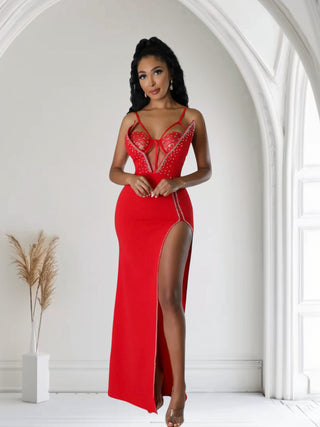 woman wearing rhinestone bustier slit maxi dress