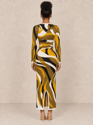 Gold Swirl Pattern Bodycon Maxi Dress