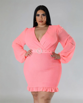 Coral Elegance Belted Smocked Mini Dress