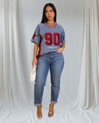 Vintage Varsity "90" Jersey | Petite-Fit Denim Top