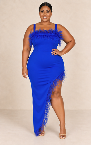 Royal Blue Feather Trim Maxi Dress with Slit (Plus Size) from Tulley's Boutique