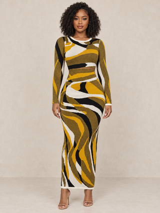 Gold Swirl Pattern Bodycon Maxi Dress