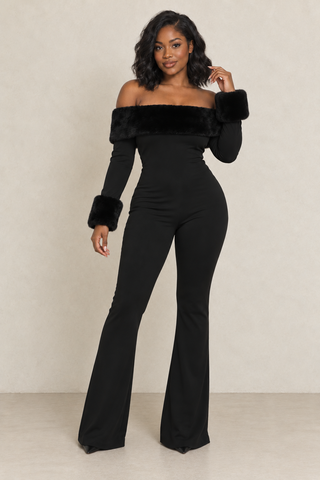Black Off-Shoulder Fur Trim Wide-Leg Jumpsuit – alternate view 3