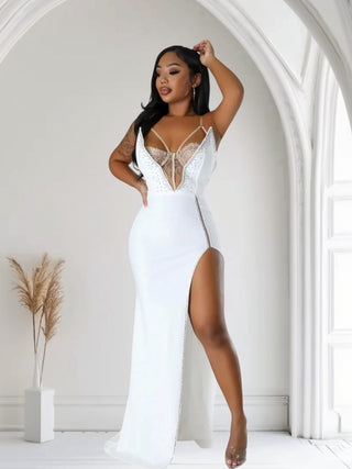 woman walking in birthday dress with slit