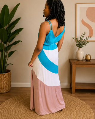 Color Block Maxi Dress in Aqua and Sand