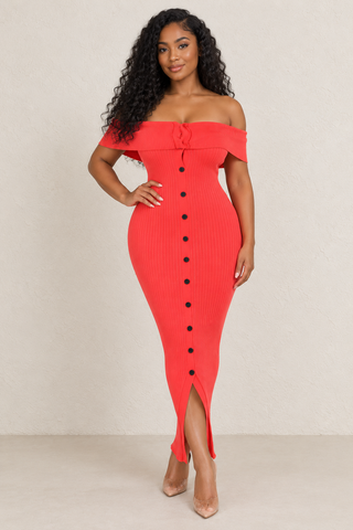 Tomato Flame Off-Shoulder Ribbed Midi