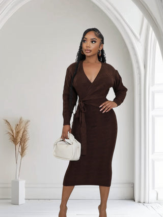 Chocolate Elegance Wrap Midi Dress
