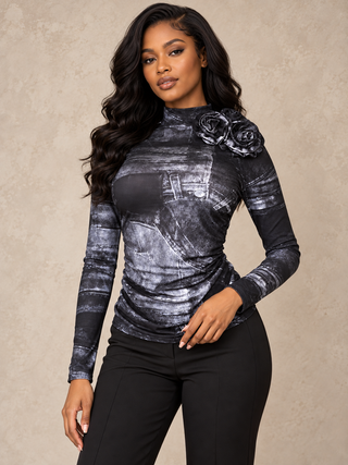 Denim-Print Ruched Top with Floral Brooches
