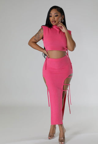 Pink Cut-Out Lace-Up Crop Top & Midi Skirt Two-Piece Set