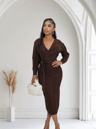 Chocolate Elegance Wrap Midi Dress
