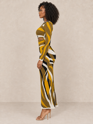 Gold Swirl Pattern Bodycon Maxi Dress