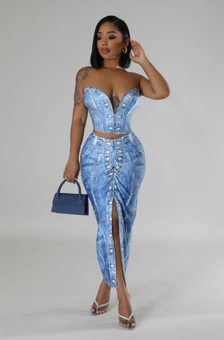 The Denim Illusion Corset Skirt Set
