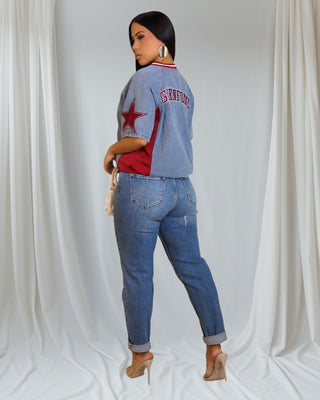 Vintage Varsity "90" Jersey | Petite-Fit Denim Top