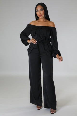 Midnight Elegance Off-Shoulder Cargo Jumpsuit
