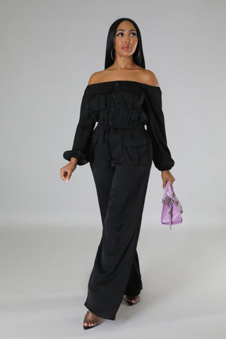 Midnight Elegance Off-Shoulder Cargo Jumpsuit