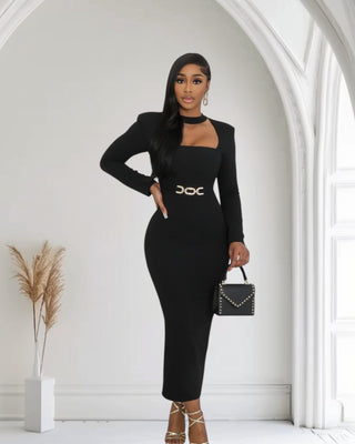 Chic black dress with square neckline, long sleeves, and a stylish belt, ideal for elegant occasions.