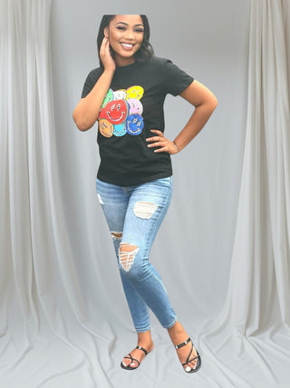 POSITIVE VIBES | Colorful Smiley Face Graphic Tee
