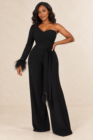 The One Shoulder Feather Trim Jumpsuit from Tulley's Boutique