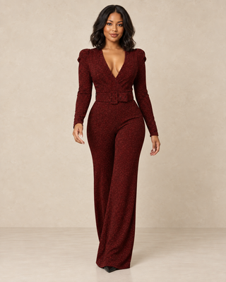 She’s Ready Burgundy Sparkle Wide Leg Jumpsuit from Tulley's Boutique